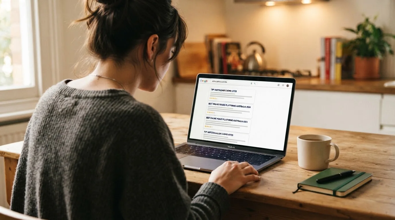 A person sits at a kitchen table, scrolling a laptop showing a general search results page about new casino sites.