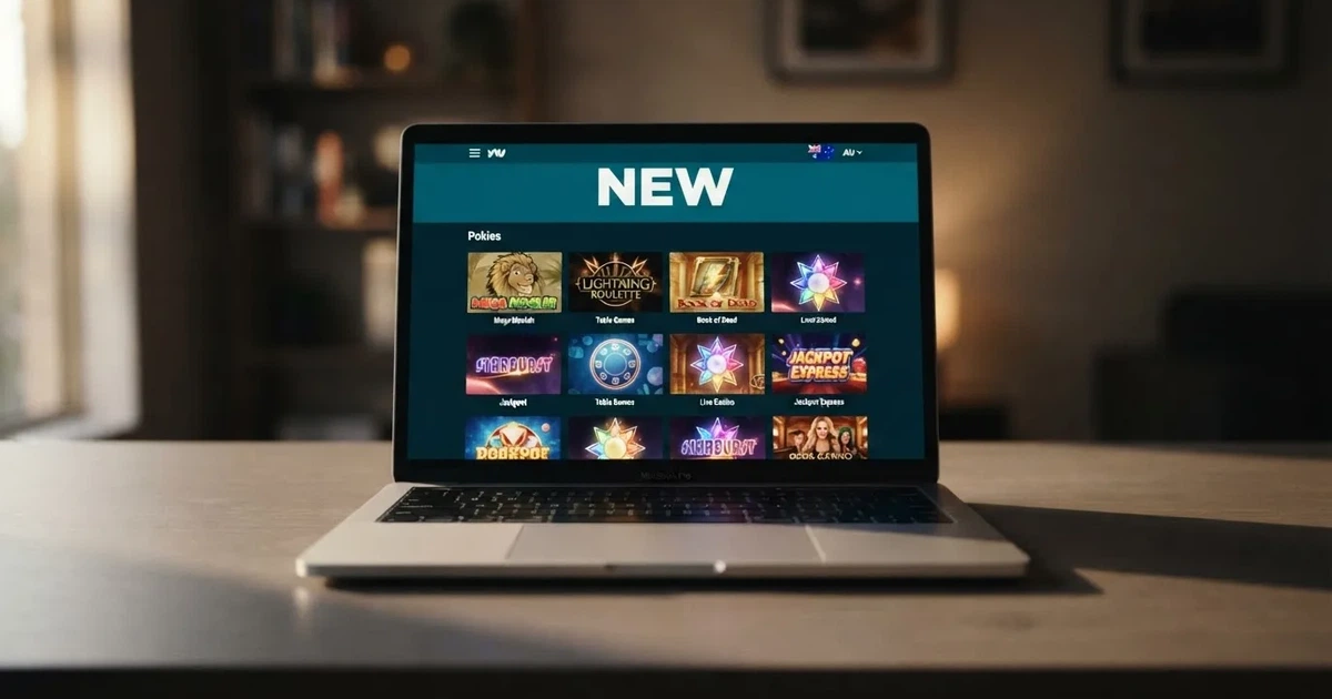 A laptop screen shows a freshly loading website homepage with a 'new' banner, on a plain desk.