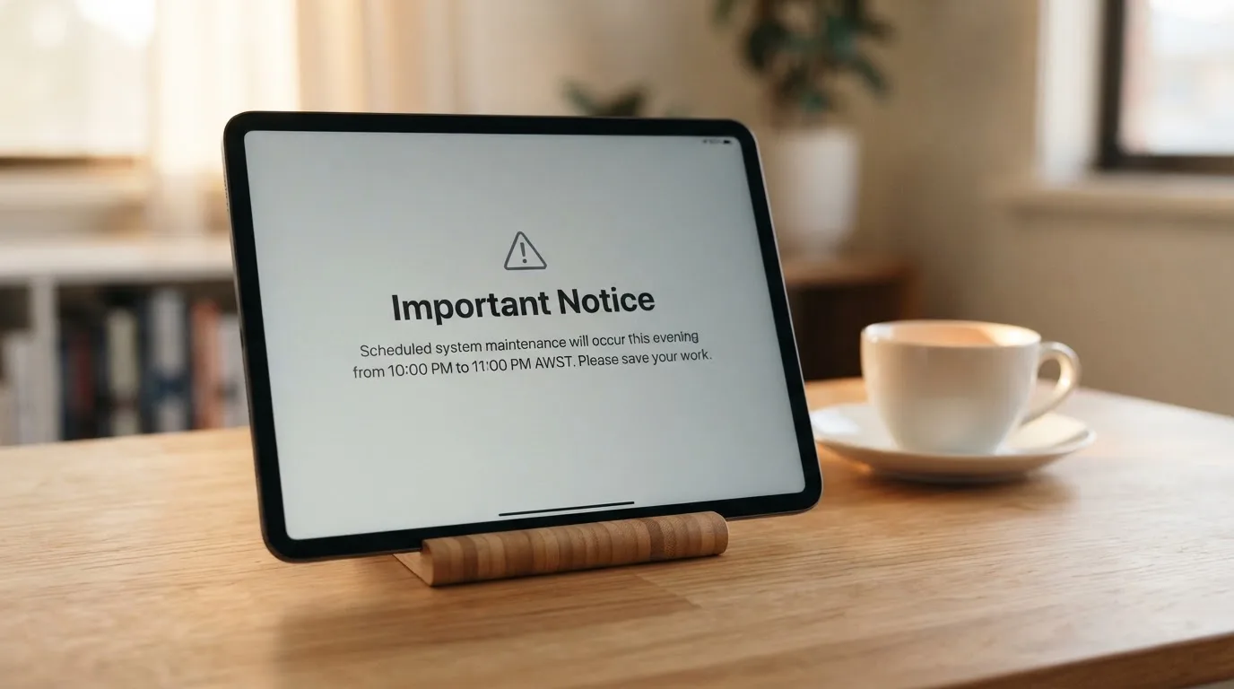 A tablet on a desk displays a plain government-style warning notice page, with a coffee cup beside it.