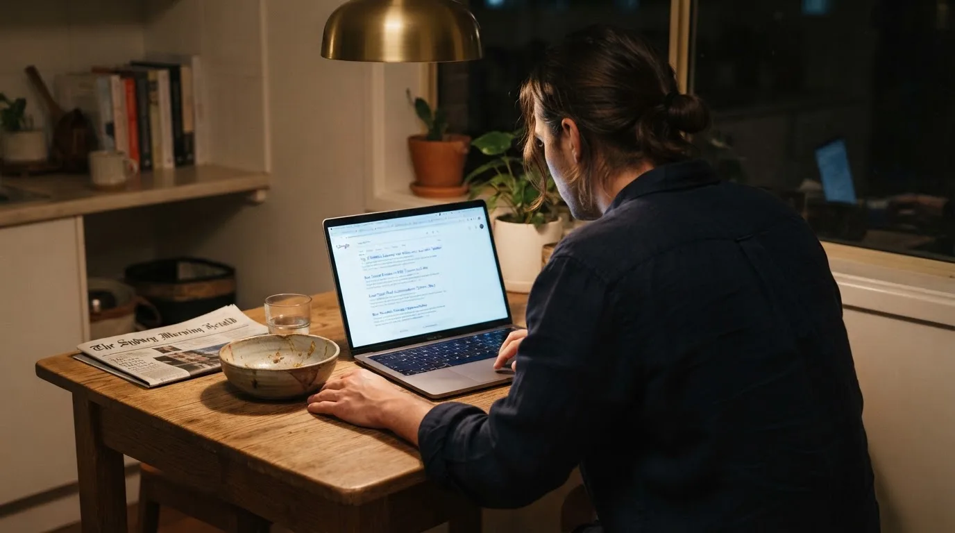 A person sits at a kitchen table in the evening, scrolling a laptop showing a general search results page about bonus offers.