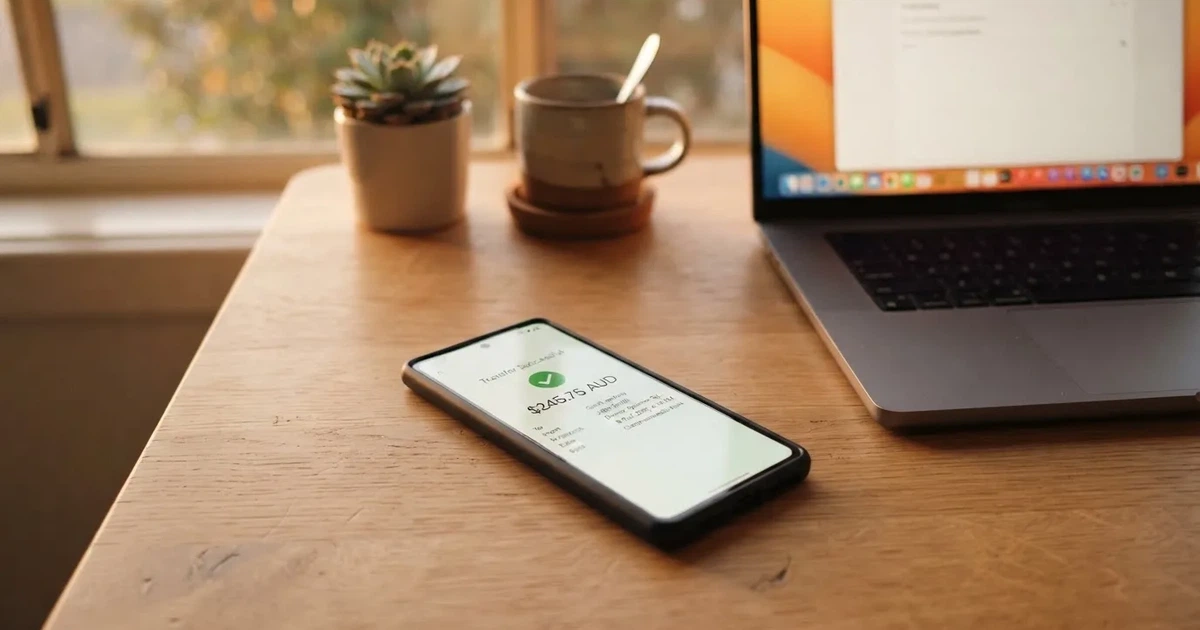 Close-up of a smartphone banking app open beside a laptop on a home desk, mid-transfer.