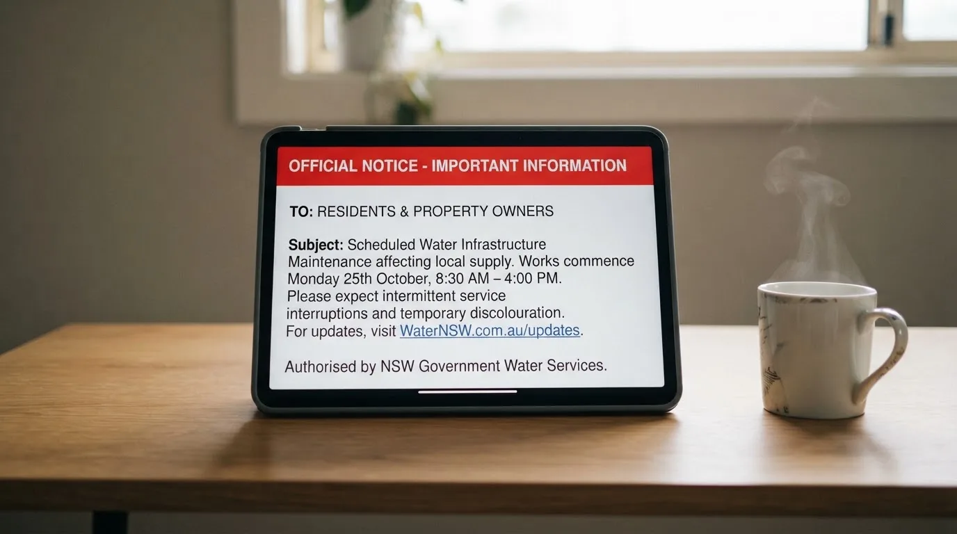 A tablet on a desk displays a plain government-style warning notice page, with a coffee cup beside it.