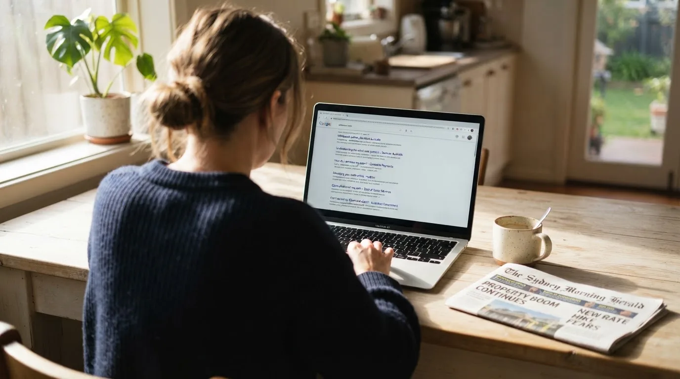A person sits at a kitchen table, scrolling a laptop showing a general search results page about withdrawal claims.