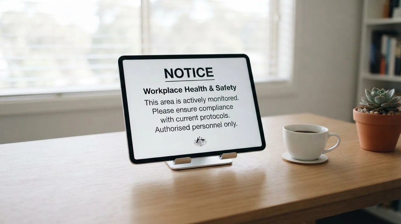 A tablet on a desk displays a plain government-style warning notice page, with a coffee cup beside it.