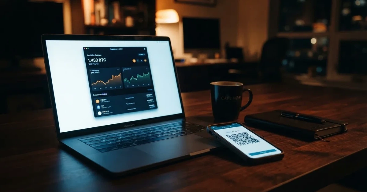 A laptop screen shows a cryptocurrency wallet balance next to a phone displaying a QR code, on a desk at night.
