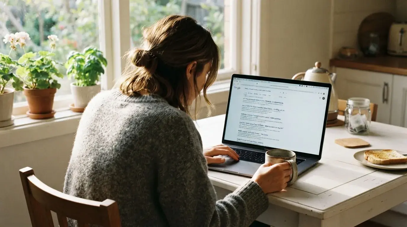 A person sits at a kitchen table, scrolling a laptop showing a general search results page about identity checks at casinos.