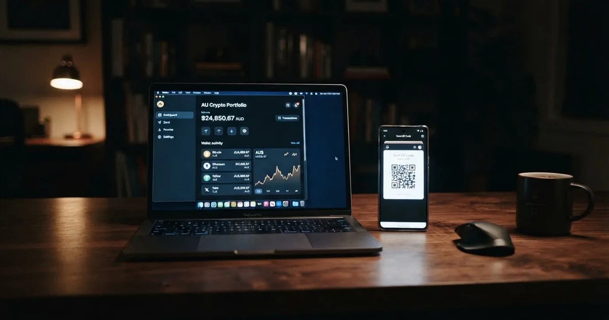 A laptop screen shows a cryptocurrency wallet balance next to a phone displaying a QR code, on a desk at night.