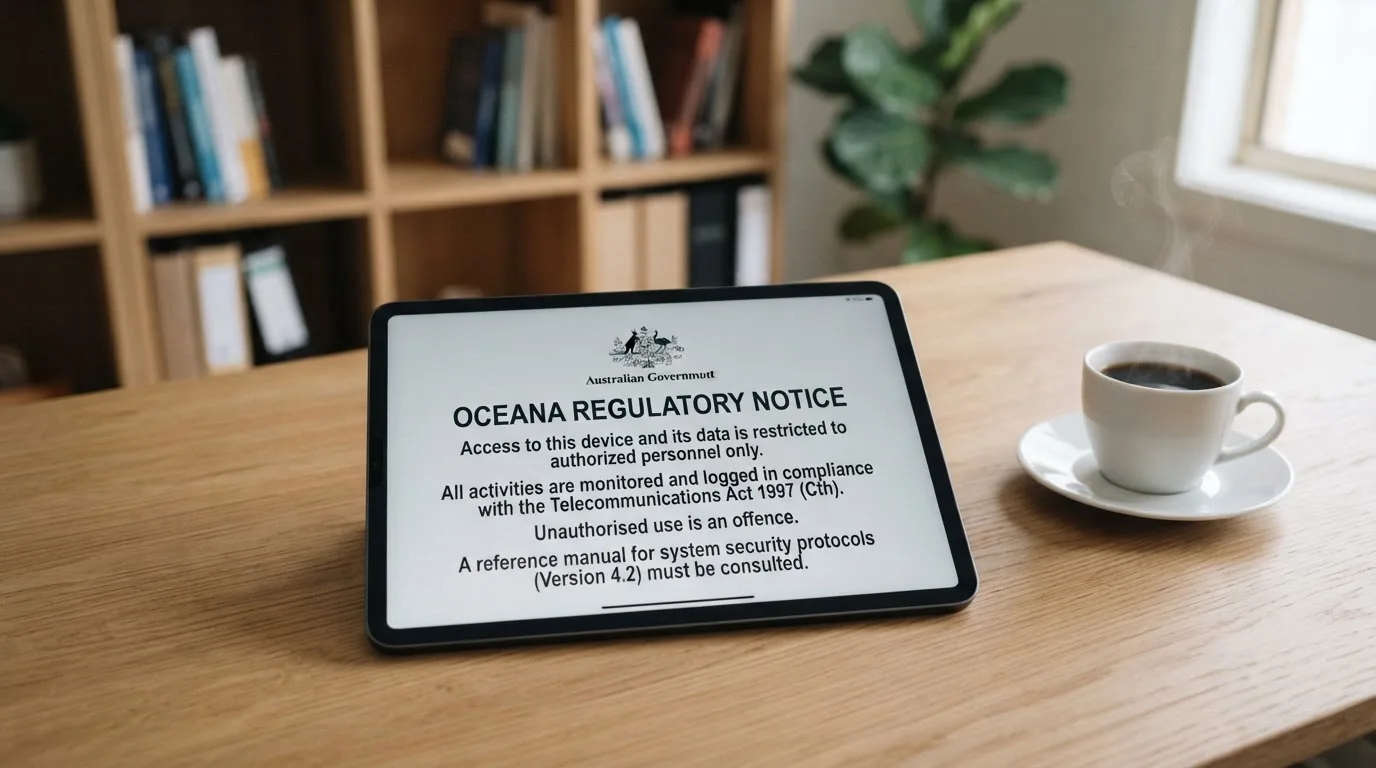 A tablet on a desk displays a plain government-style warning notice page, with a coffee cup beside it.