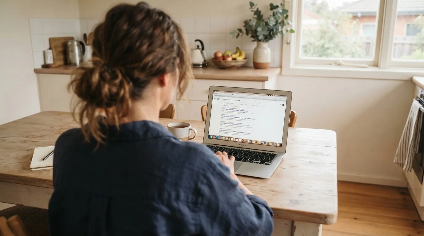 A person sits at a kitchen table, scrolling a laptop showing a general search results page about deposit limits.