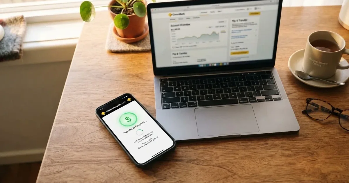 Close-up of a smartphone banking app open beside a laptop on a home desk, mid-transfer.