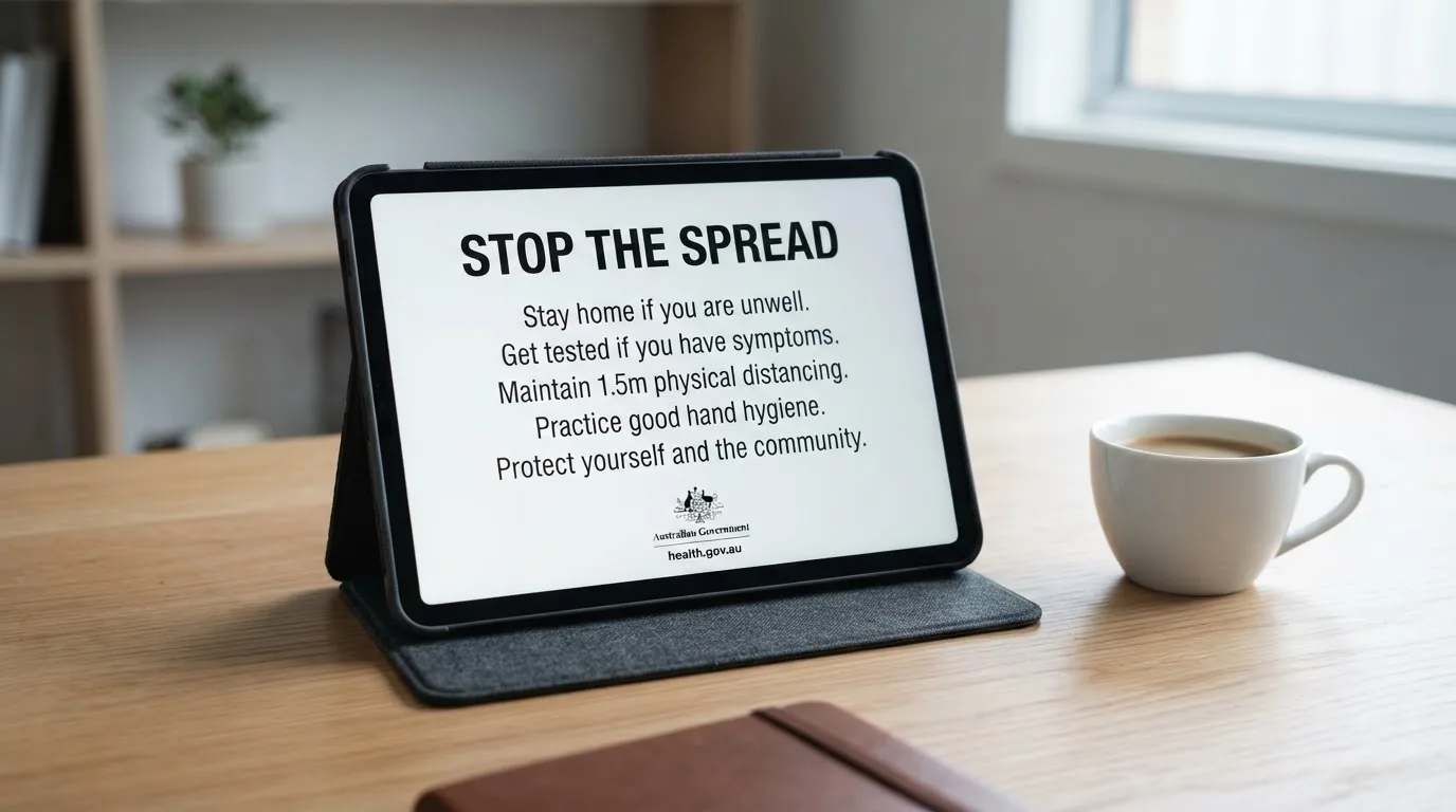 A tablet on a desk displays a plain government-style warning notice page, with a coffee cup beside it.