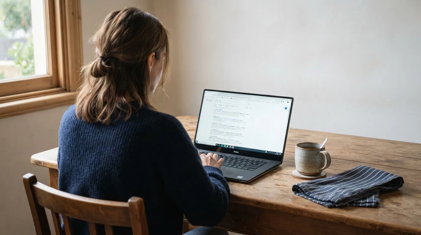 A person sits at a kitchen table, scrolling a laptop showing a general search results page about bonus terms.