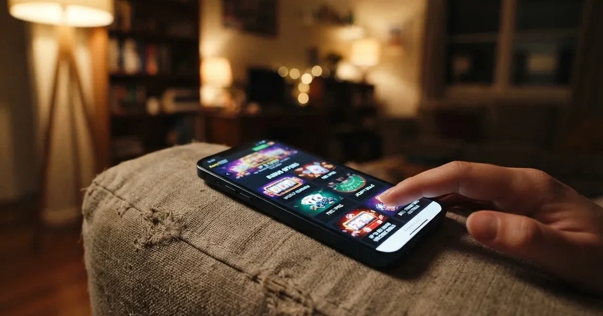 A phone screen shows a list of promotional bonus tiles as someone scrolls with one thumb on a couch.