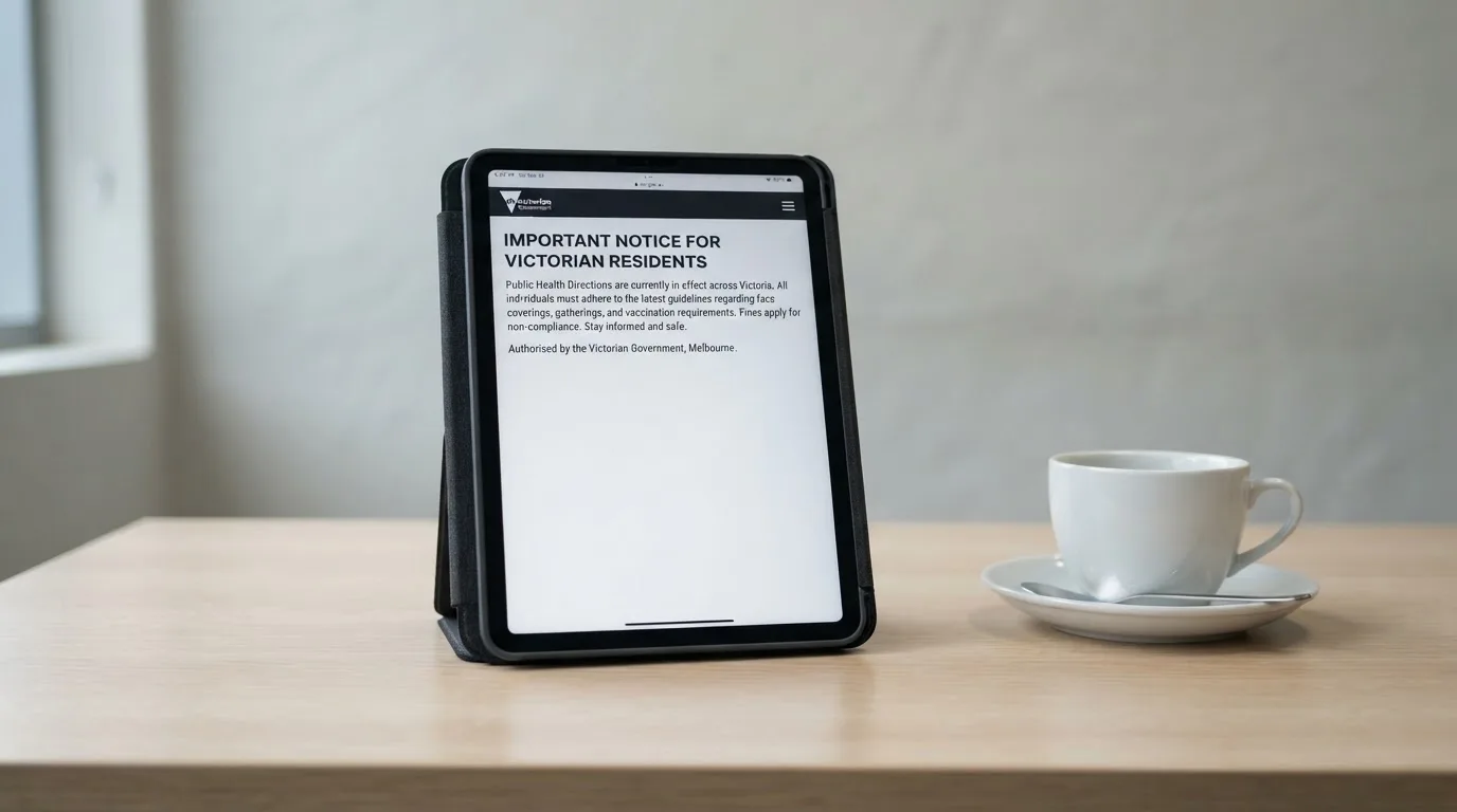 A tablet on a desk displays a plain government-style warning notice page, with a coffee cup beside it.