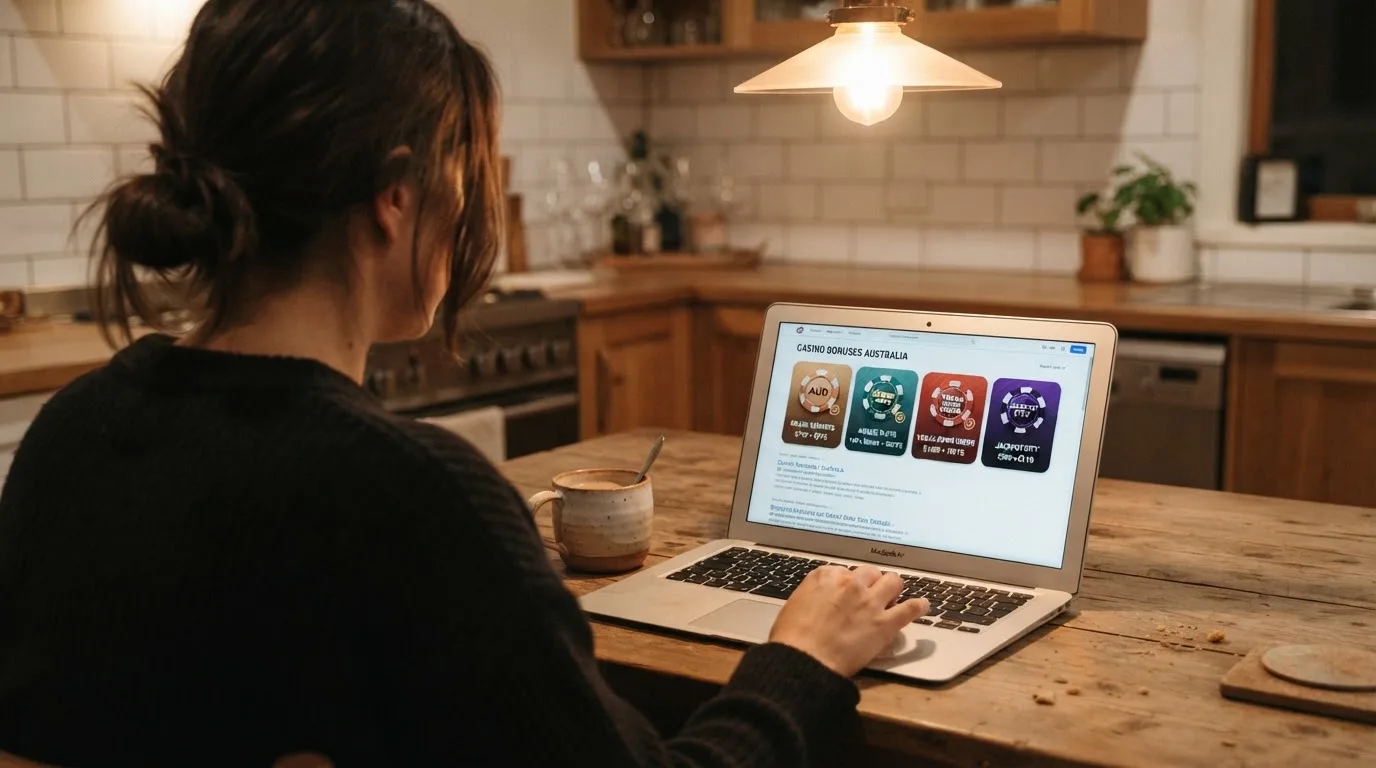 A person sits at a kitchen table in the evening, scrolling a laptop showing a general search results page about bonus offers.