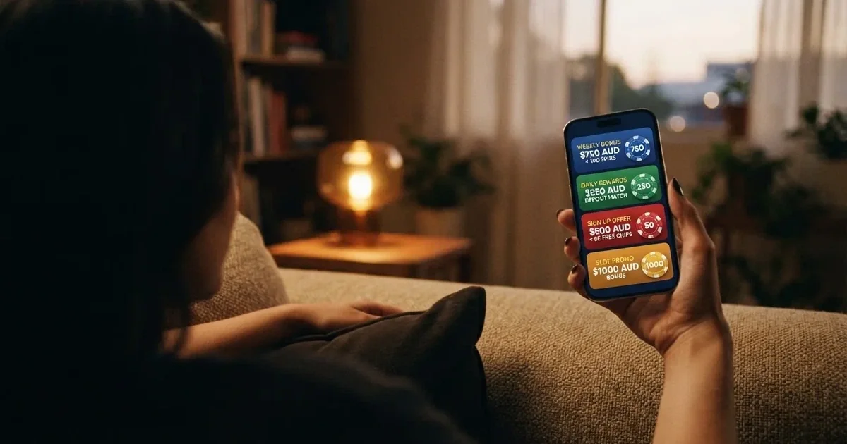 A phone screen shows a list of promotional bonus tiles as someone scrolls with one thumb on a couch.