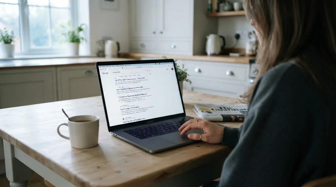 A person sits at a kitchen table, scrolling a laptop showing a general search results page about free spins offers.