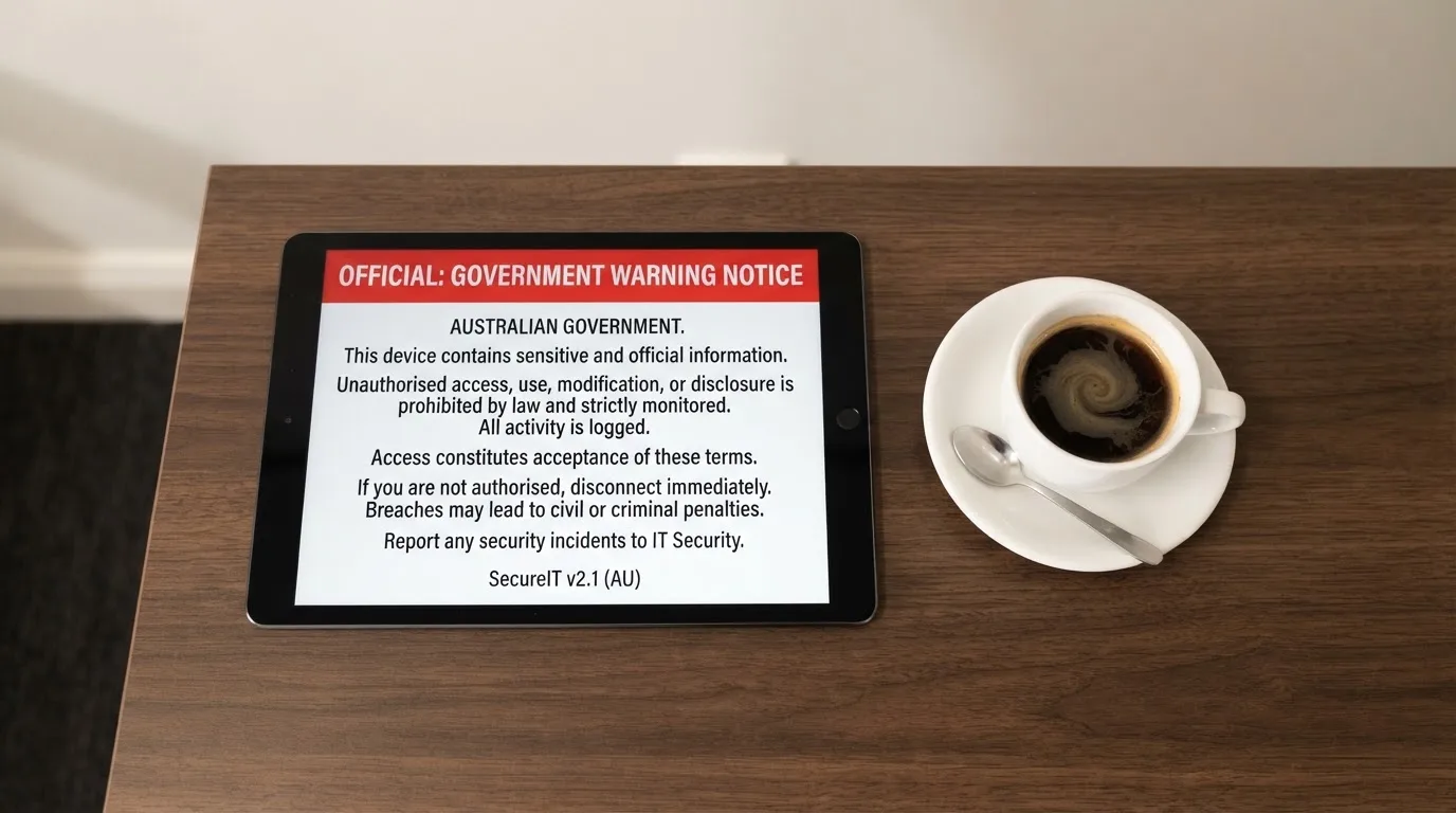 A tablet on a desk displays a plain government-style warning notice page, with a coffee cup beside it.