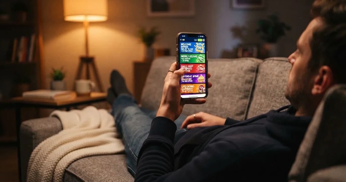 A phone screen shows a list of promotional bonus tiles as someone scrolls with one thumb on a couch.