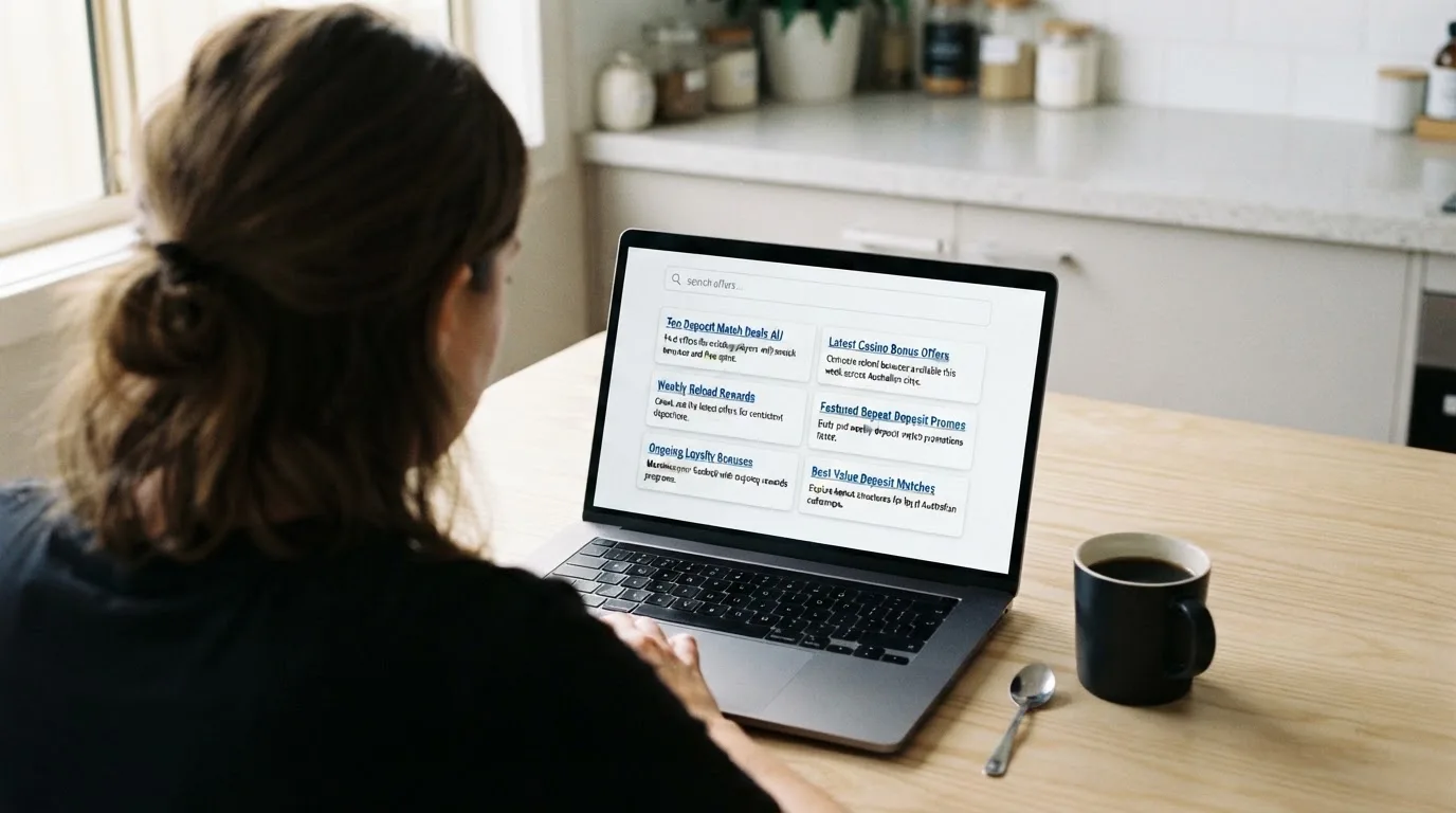 A person sits at a kitchen table, scrolling a laptop showing a general search results page about repeat-deposit offers.