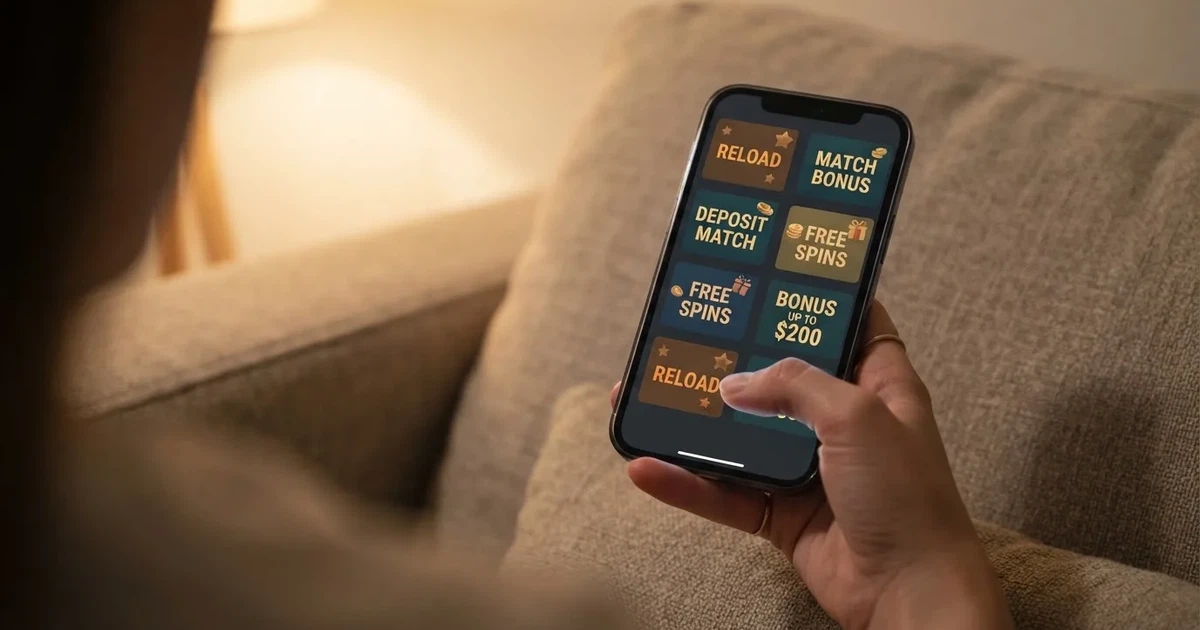 A phone screen shows a list of promotional bonus tiles as someone scrolls with one thumb on a couch.