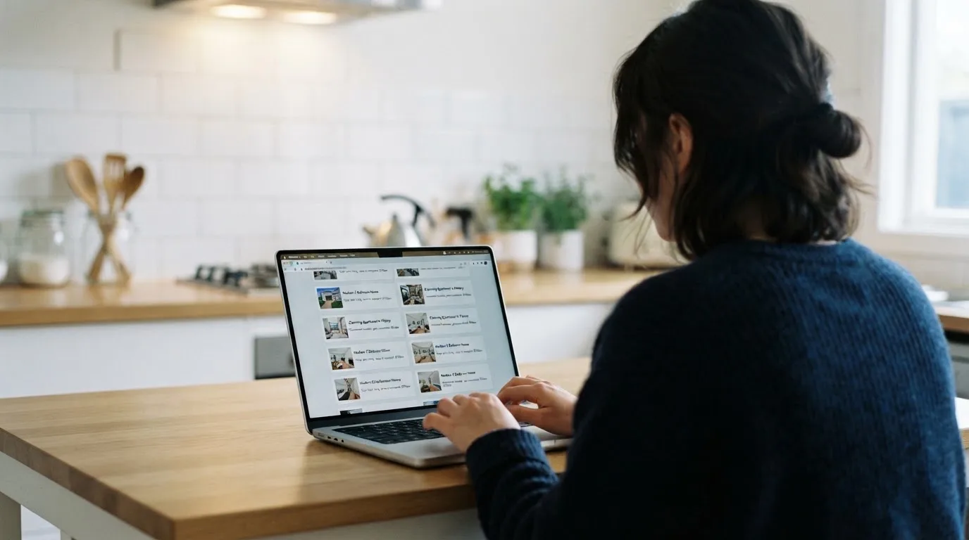 A person sits at a kitchen table, scrolling a laptop showing a general search results page about pokies offers.