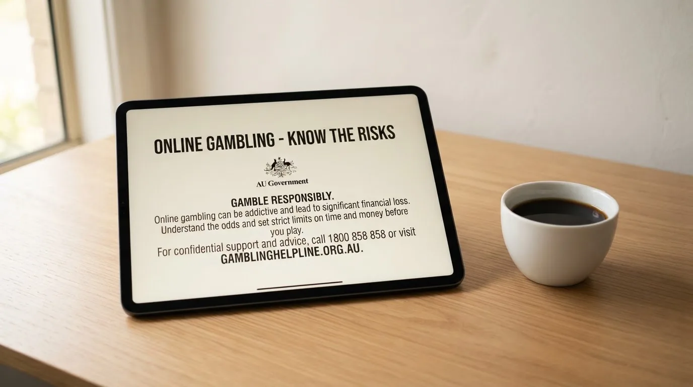 A tablet on a desk displays a plain government-style warning notice page, with a coffee cup beside it.