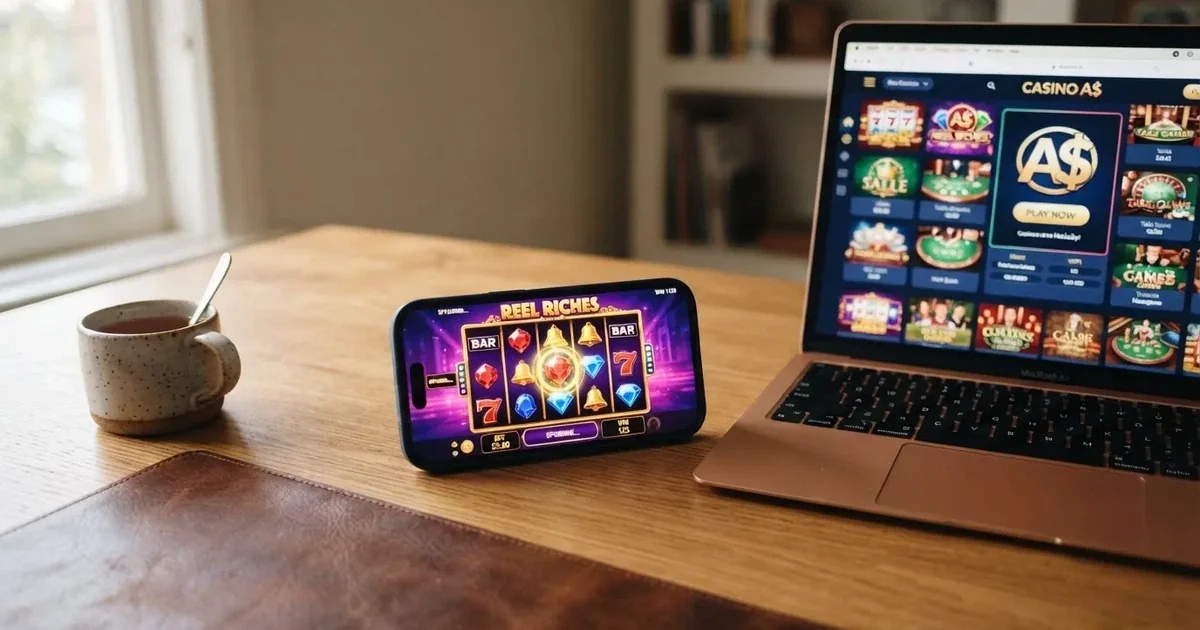 Close-up of a smartphone banking app open beside a laptop on a home desk, mid-transfer.