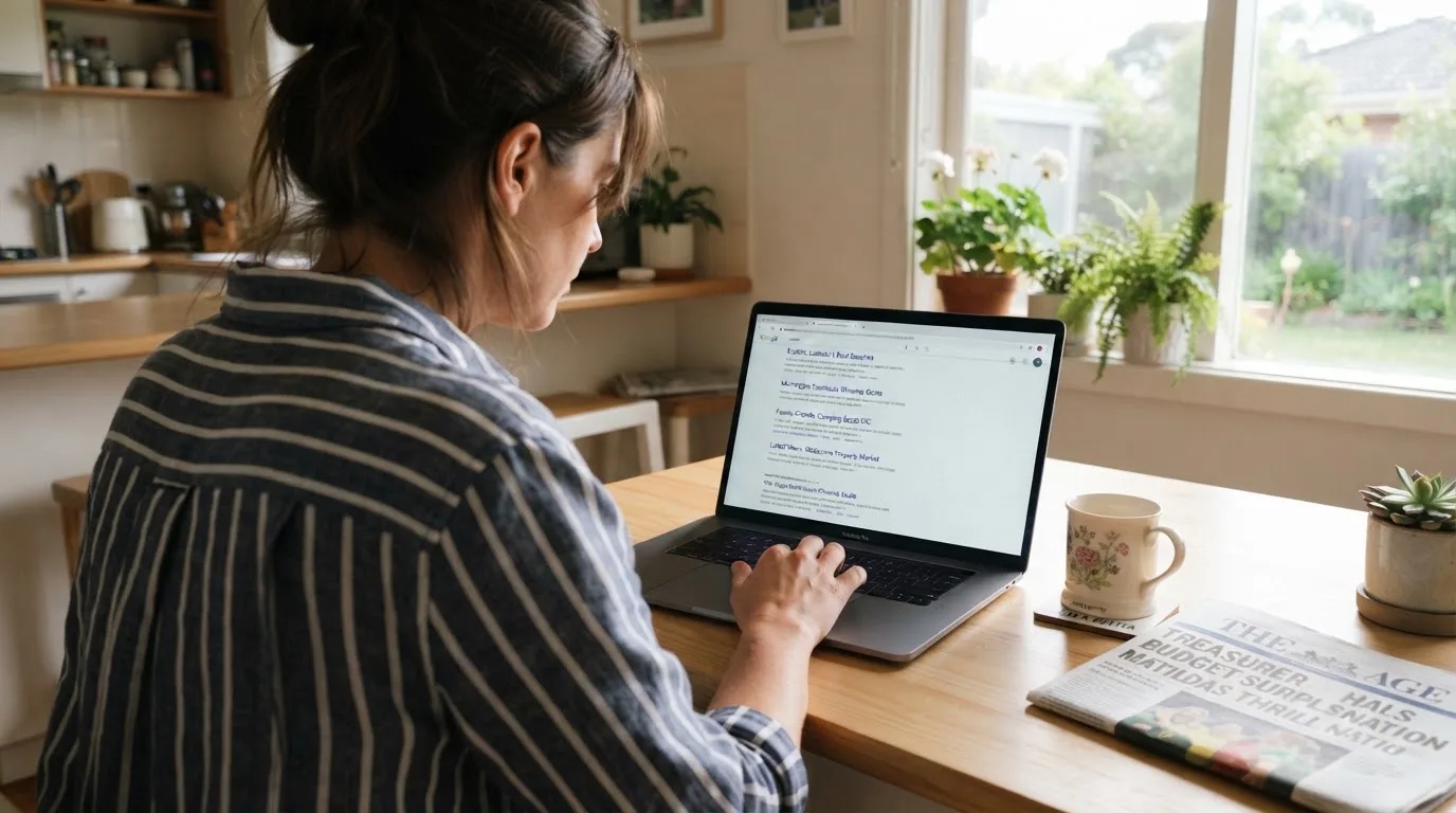 A person sits at a kitchen table, scrolling a laptop showing a general search results page about e-wallet options.