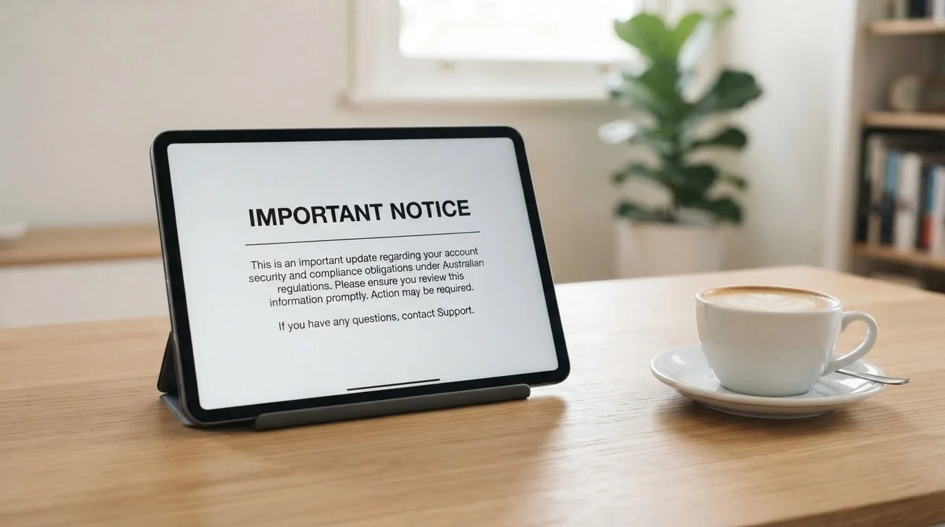 A tablet on a desk displays a plain government-style warning notice page, with a coffee cup beside it.