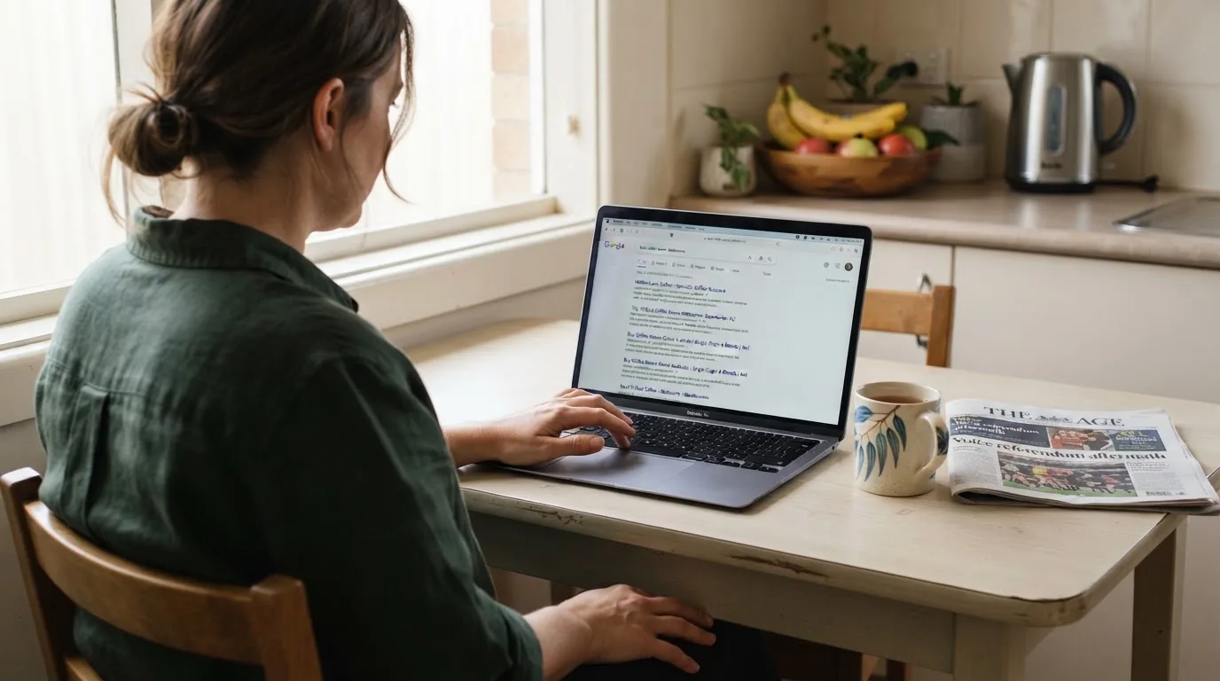 A person sits at a kitchen table, scrolling a laptop showing a general search results page about withdrawal speed.