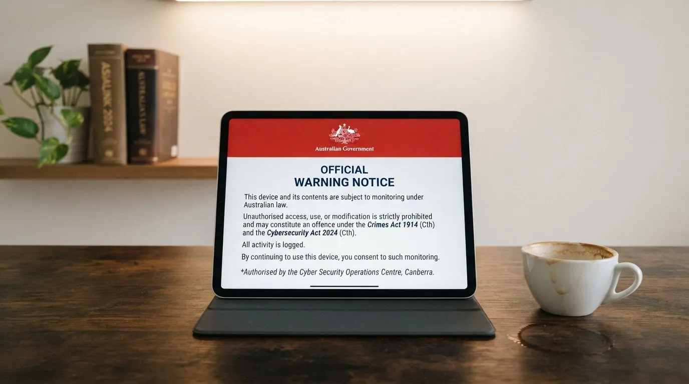 A tablet on a desk displays a plain government-style warning notice page, with a coffee cup beside it.