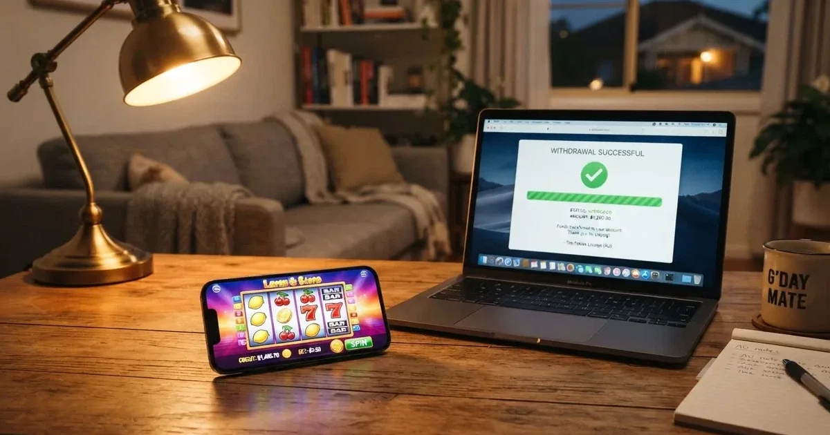 Close-up of a smartphone banking app open beside a laptop on a home desk, mid-transfer.