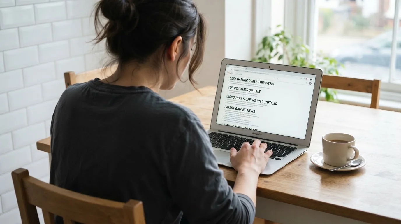 A person sits at a kitchen table, scrolling a laptop showing a general search results page about pokies bonus offers.