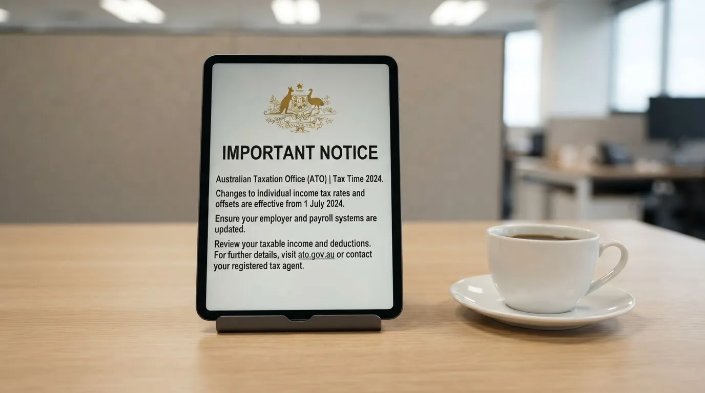 A tablet on a desk displays a plain government-style warning notice page, with a coffee cup beside it.
