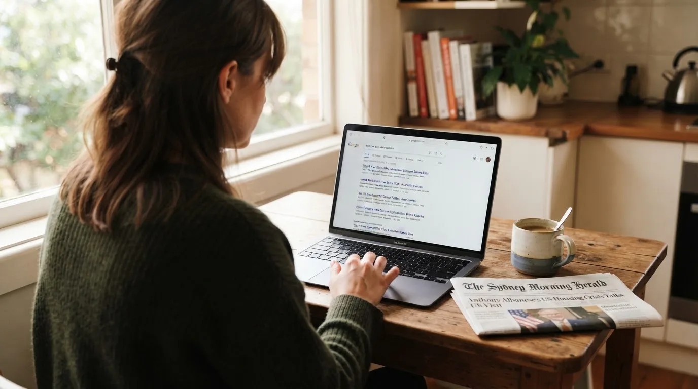 A person sits at a kitchen table, scrolling a laptop showing a general search results page about free spins offers.