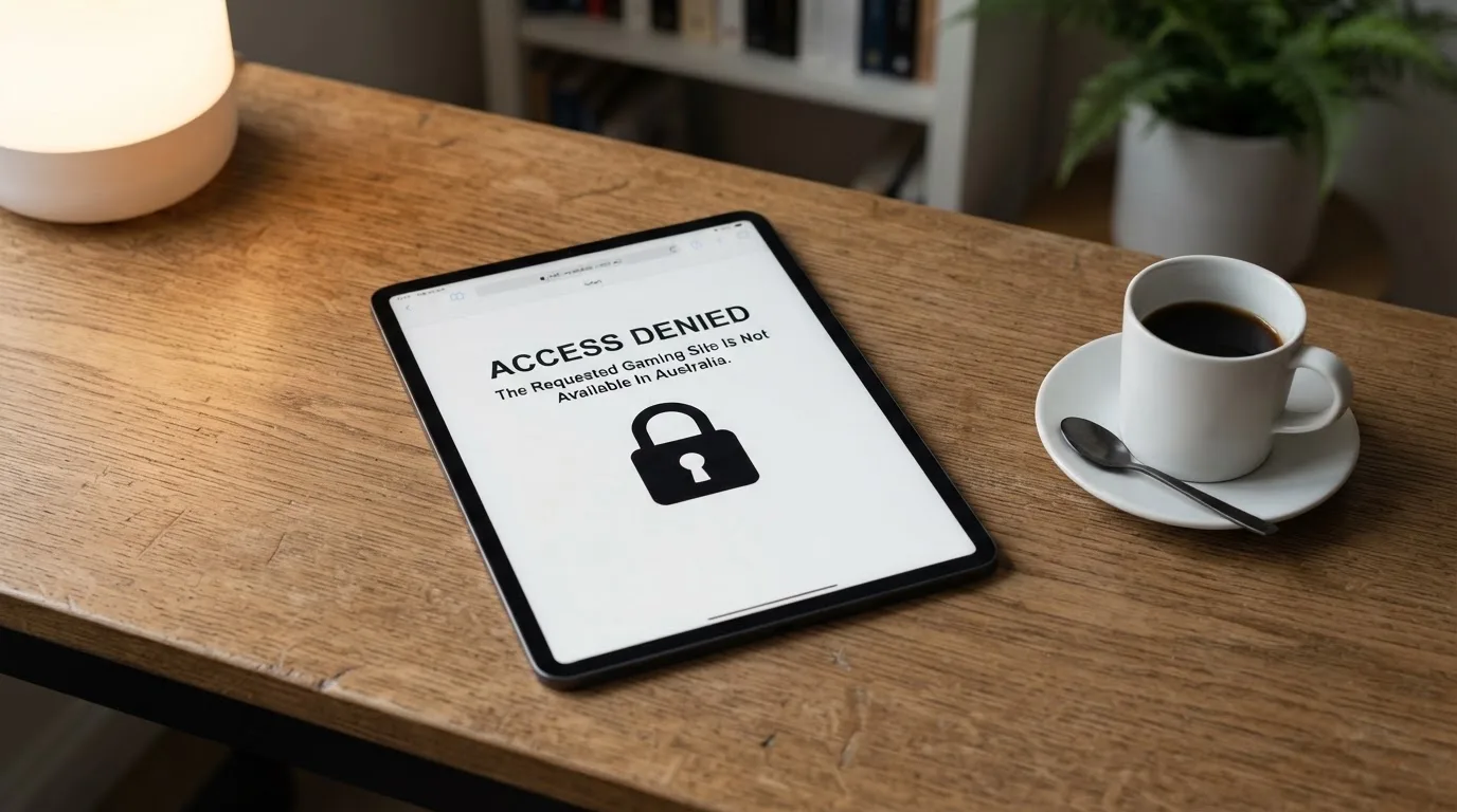 A tablet on a desk displays a plain government-style warning notice page, with a coffee cup beside it.