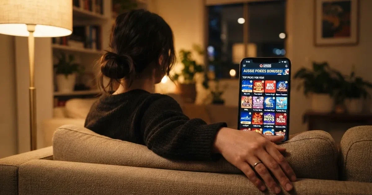 A phone screen shows a list of promotional bonus tiles as someone scrolls with one thumb on a couch.