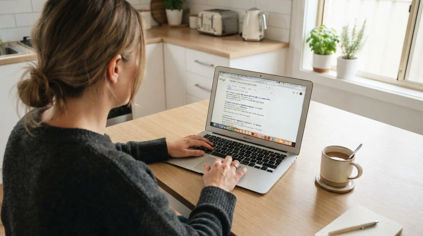 A person sits at a kitchen table, scrolling a laptop showing a general search results page about pokies deposit options.