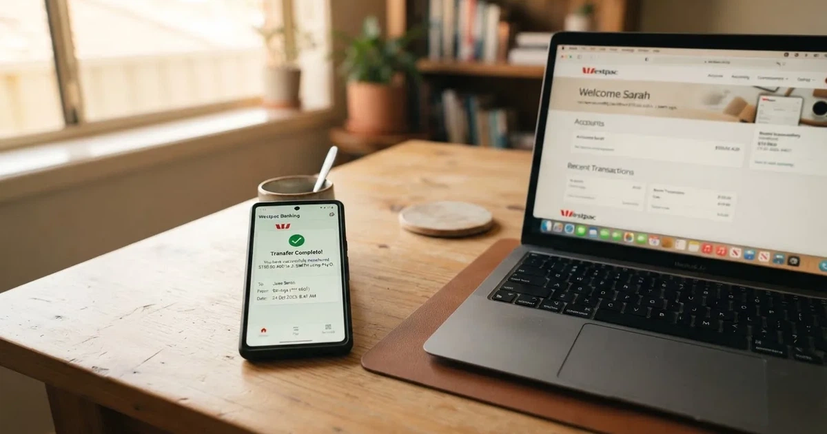 Close-up of a smartphone banking app open beside a laptop on a home desk, mid-transfer.