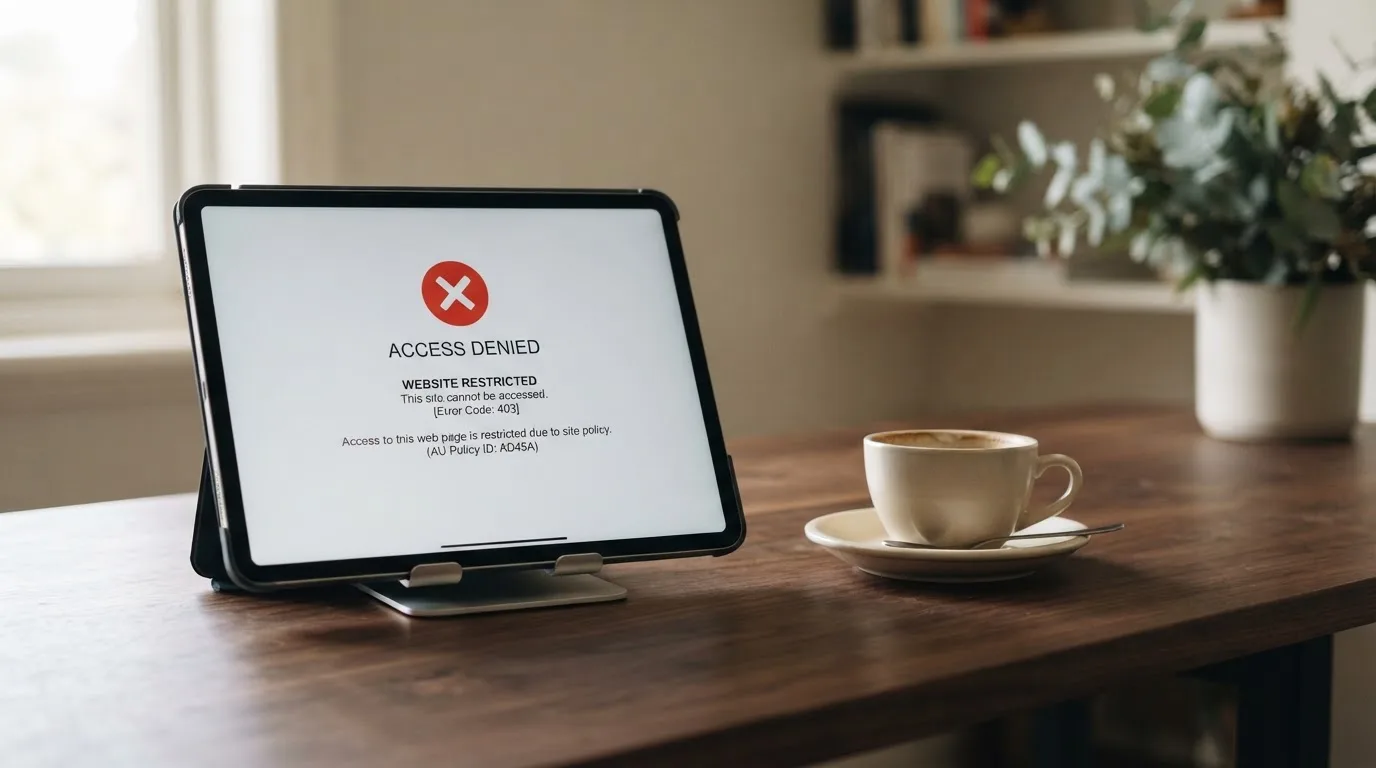 A tablet on a desk displays a plain government-style warning notice page, with a coffee cup beside it.