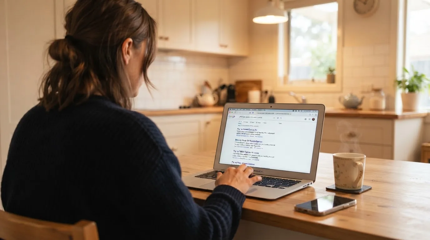 A person sits at a kitchen table, scrolling a laptop showing a general search results page about phone-bill deposits.