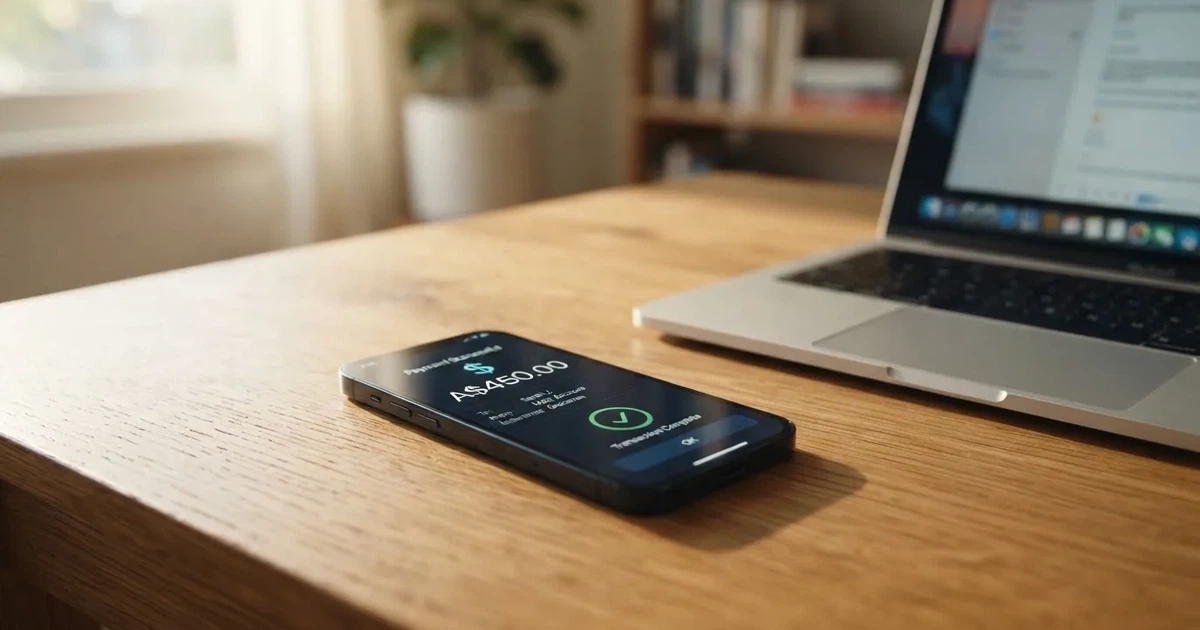 Close-up of a smartphone banking app open beside a laptop on a home desk, mid-transfer.