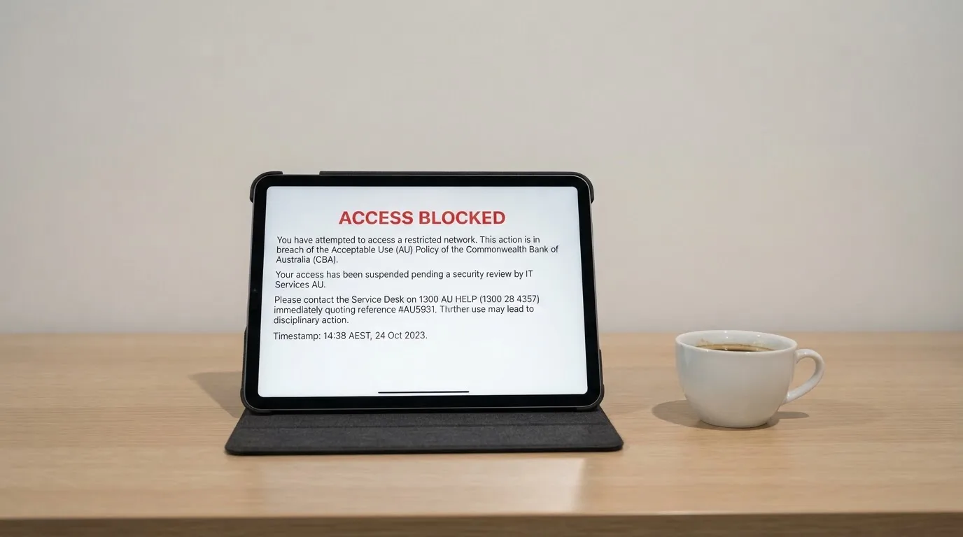 A tablet on a desk displays a plain government-style warning notice page, with a coffee cup beside it.
