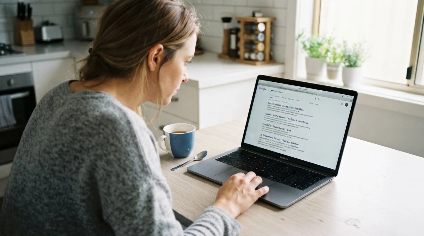 A person sits at a kitchen table, scrolling a laptop showing a general search results page about pokies bonus claims.