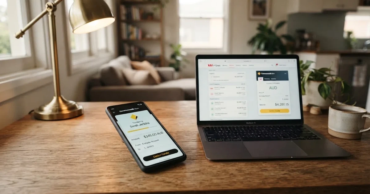 Close-up of a smartphone banking app open beside a laptop on a home desk, mid-transfer.