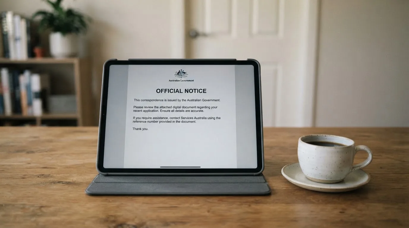 A tablet on a desk displays a plain government-style warning notice page, with a coffee cup beside it.