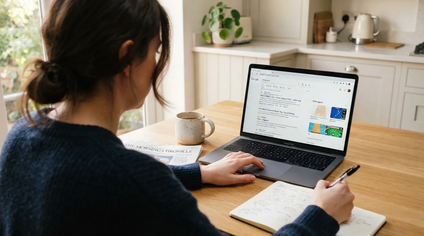 A person sits at a kitchen table, scrolling a laptop showing a general search results page about the Plinko game.