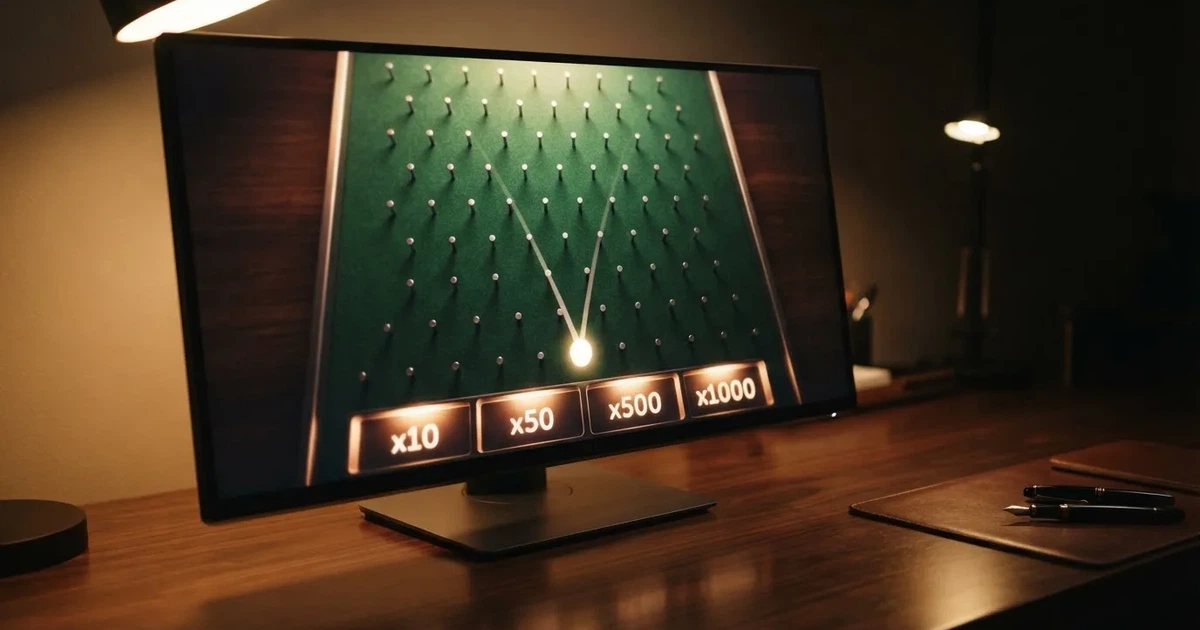 A close-up of a Plinko-style game board with pegs and multiplier slots shown on a monitor.