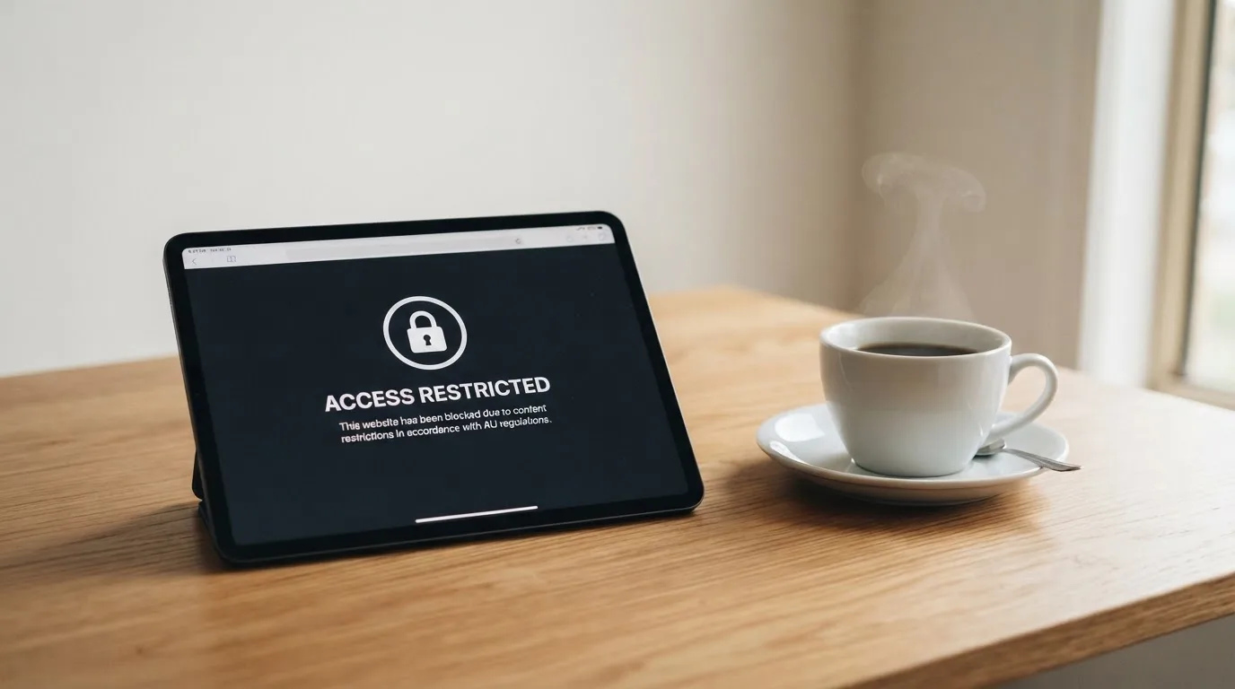 A tablet on a desk displays a plain government-style warning notice page, with a coffee cup beside it.